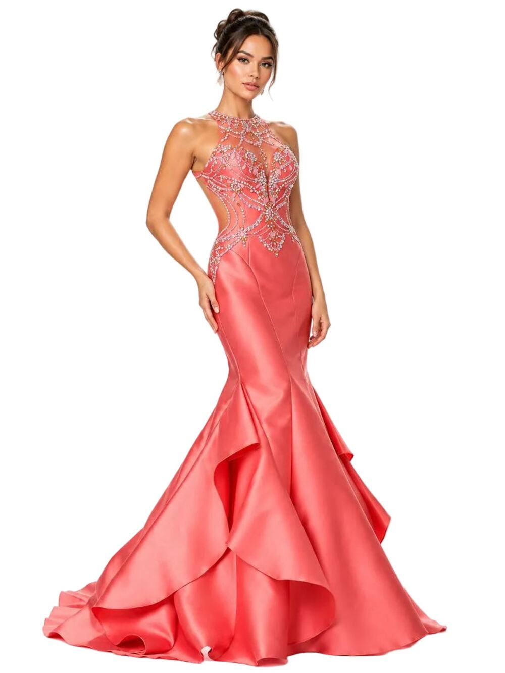 Elizabeth K RN145983 Orange Beaded Halter Mermaid Evening Gown – Size S